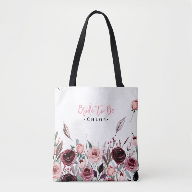 Bride To Be Tote | Script Burgundy Floral Wedding Bag (Front)