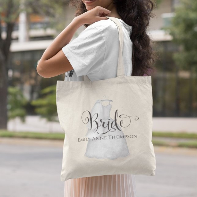 Bride to Be Wedding Dress Custom Tote Bag (Bride to be custom calligraphy script wedding dress tote bag.)
