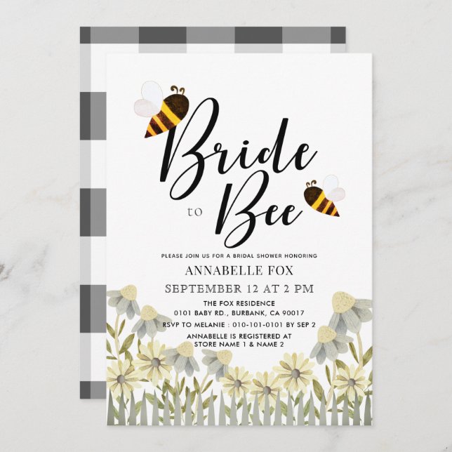 Bride to Bee Black Buffalo Check Bridal Shower Invitation (Front/Back)