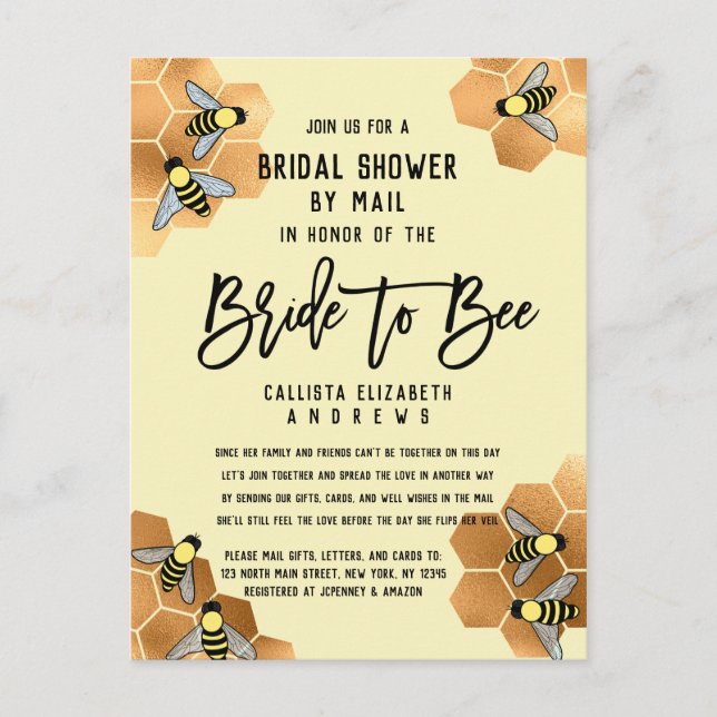 Bride to Bee Quote Gold Honeycomb Bridal Shower Invitation Postcard (Front)