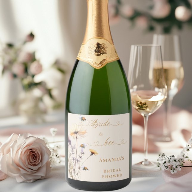 Bride to bee wildflowers ivory bridal shower sparkling wine label (Creator Uploaded)