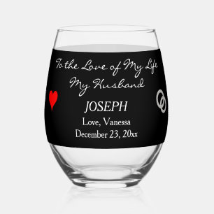 Bride to Groom Gift Monogram Black Red Heart Stemless Wine Glass