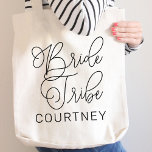 Bride Tribe Black Modern Script Custom Bridesmaid Tote Bag<br><div class="desc">Modern and casual chic black calligraphy script "Bride Tribe" women's wedding tote bag features custom text that can be personalized for your bridal party crew. Perfect for your bridesmaids to wear at the bachelorette party and the wedding weekend!</div>