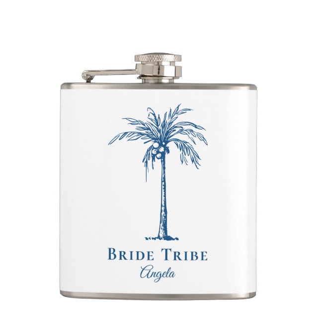 Bride Tribe Blue Tropical Palm Tree Custom Hip Flask (Front)