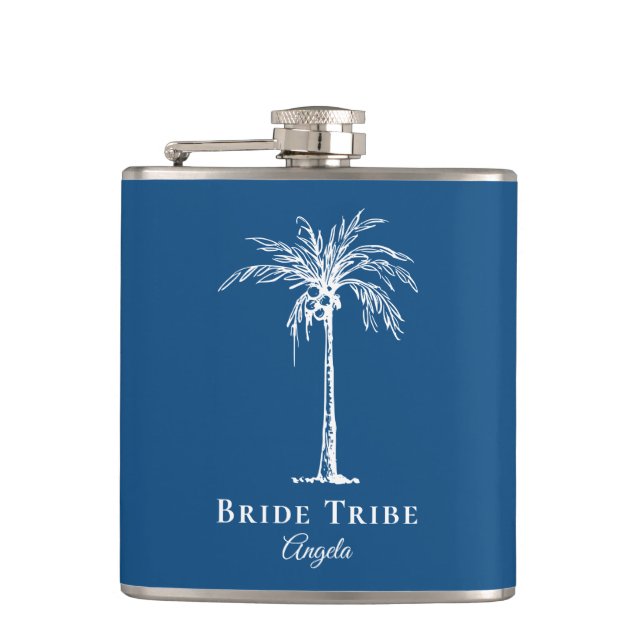 Bride Tribe Blue White Palm Tree Custom Hip Flask (Front)