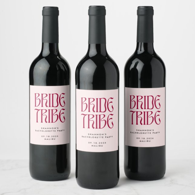 Bride Tribe Bold Pink Magenta Bachelorette Wine Label (Bottles)