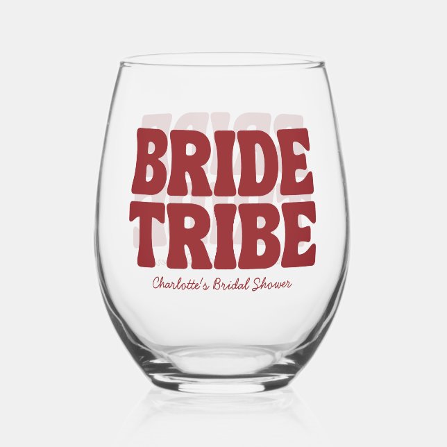Bride Tribe Burgundy Bridal Shower Stemless Wine Glass (Front)