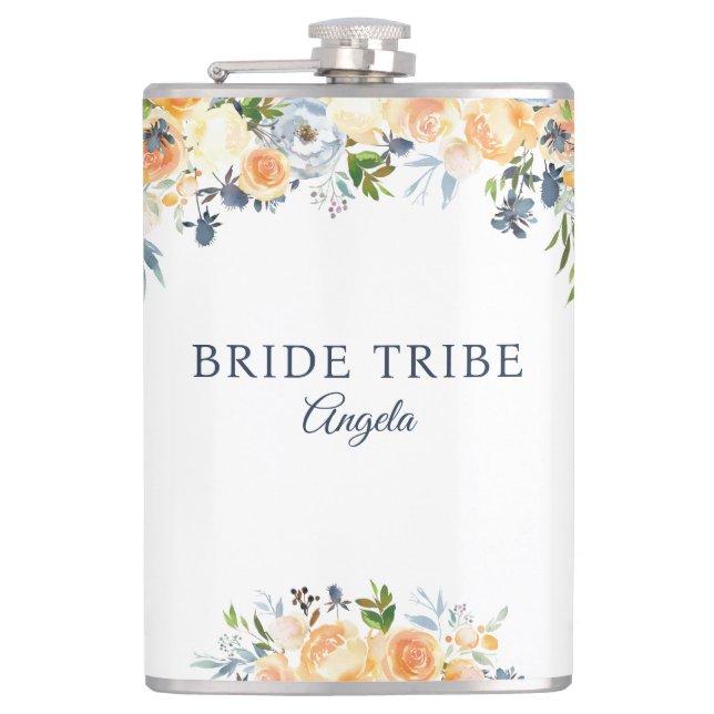 Bride Tribe Coral Peach Navy Floral Custom Hip Flask (Front)