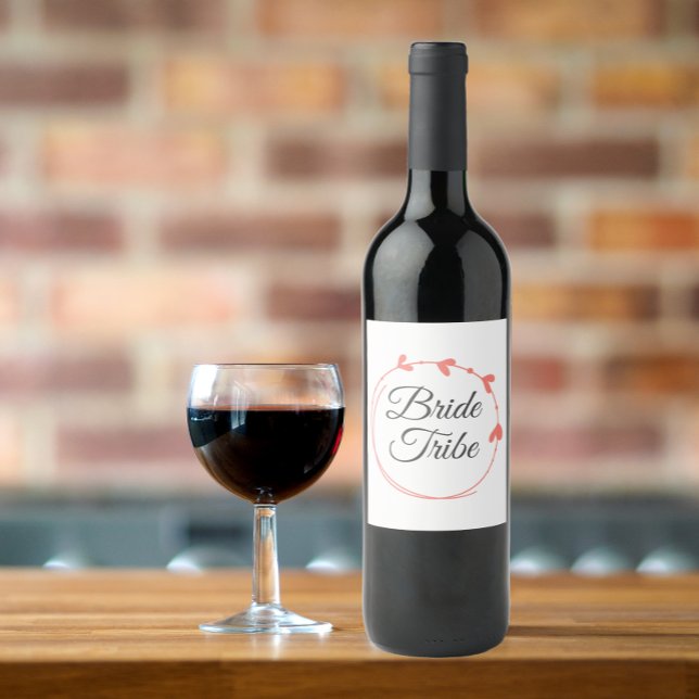 Bride Tribe Coral Simple Heart Wreath Wine Label (In Situ Glass of Wine)