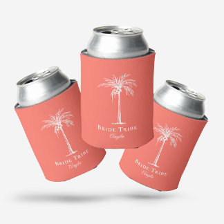 Bride Tribe Coral White Palm Tree Custom Can Cooler