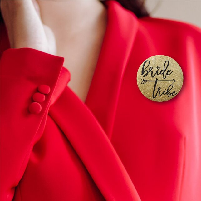 Bride Tribe Diamond Gold Bridal Party Wedding 6 Cm Round Badge (BRIDE TRIBE Diamond Brush Script Gold Glitter Bridal Party Wedding Pin Button @ fatfatin_blue_knot)