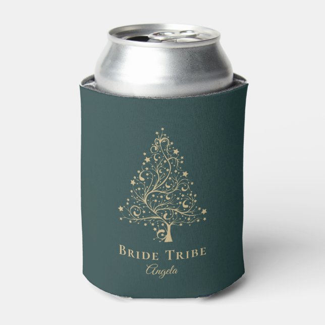 Bride Tribe Emerald Green Gold Winter Wedding Can Cooler (Can Front)