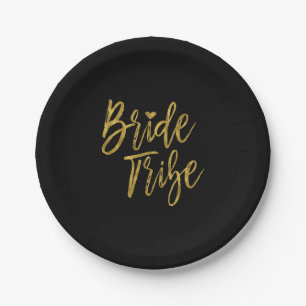 Bride Tribe Faux Gold Foil and Black with Heart Paper Plate