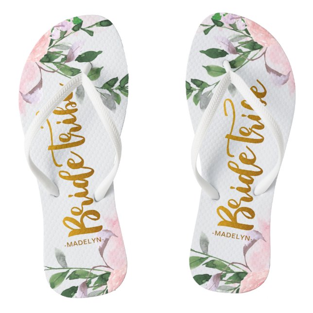 Bride Tribe Faux Gold with Floral and Name Flip Flops (Footbed)
