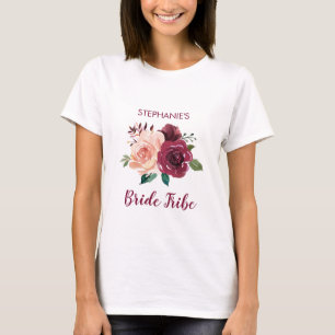 Bride Tribe Floral Blush Pink Burgundy Rose T-Shirt