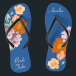Bride Tribe Floral Something Blue Wedding Flip Flops<br><div class="desc">This desirable pair of flip flops features retro aesthetic pattern of beautiful peony flowers on the blue background, and changeable typography "Bride Tribe". These personalised and elegant flip flops are a memorable gift for wedding party members: bride, bridesmaids, mother of the bride, maid of honour... They will add a stylish dose of glam...</div>