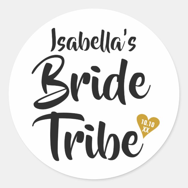 Bride Tribe Gold Date Heart Personalised Classic Round Sticker (Front)