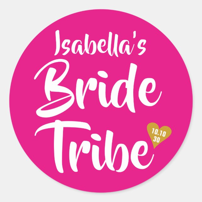 Bride Tribe Gold Date Heart Personalised Classic Round Sticker (Front)