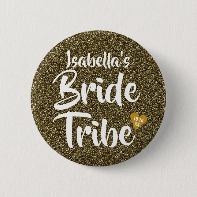 Bride Tribe Gold Date Heart Personalised Glitter 6 Cm Round Badge (Front)