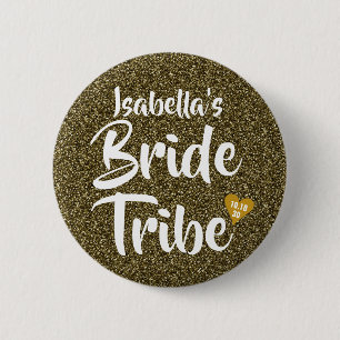 Bride Tribe Gold Date Heart Personalised Glitter 6 Cm Round Badge