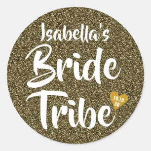 Bride Tribe Gold Date Heart Personalised Glitter Classic Round Sticker