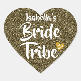 Bride Tribe Gold Date Heart Personalised Glitter Heart Sticker