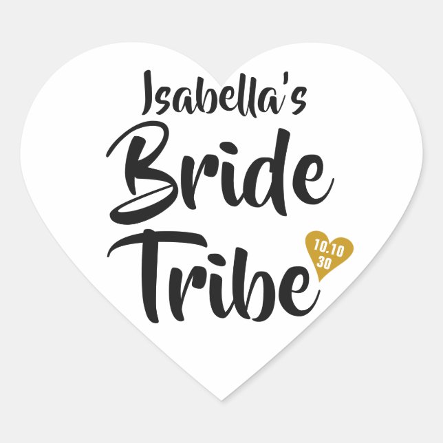 Bride Tribe Gold Date Heart Personalised Heart Sticker (Front)