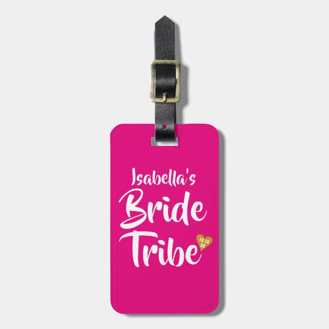 Bride Tribe Gold Date Heart Personalised Luggage Tag (Front Vertical)