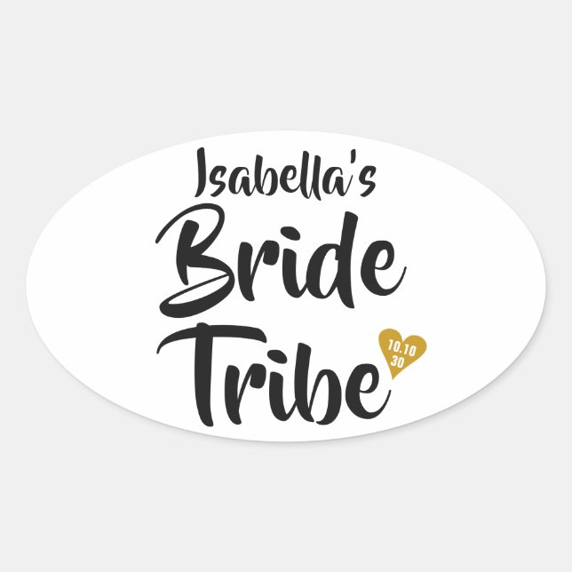 Bride Tribe Gold Date Heart Personalised Oval Sticker (Front)