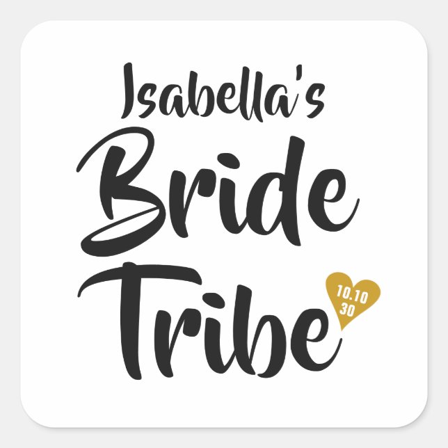 Bride Tribe Gold Date Heart Personalised Square Sticker (Front)