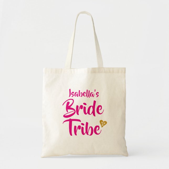 Bride Tribe Gold Date Heart Personalised Tote Bag (Front)