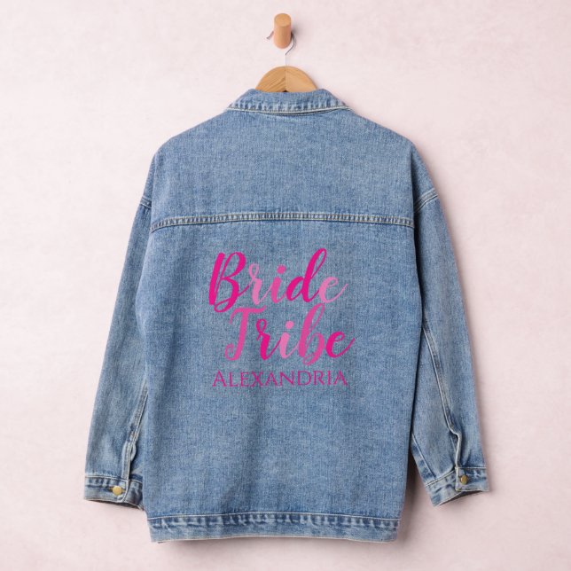 Bride Tribe Hot Pink Typography Bachelorette Denim Jacket (Hangar)