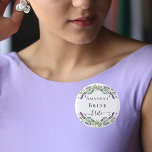 Bride tribe lavender violet eucalyptus greenery 3 cm round badge<br><div class="desc">For a bridal shower or a bachelorette party. A chic white background. Decorated with lavender,  violet florals flowers and watercolored eucalyptus greenery. Personalise and add the name of the bride.</div>