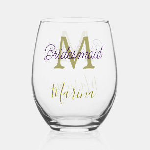 Bride tribe monogram bridal shower simple golden p stemless wine glass