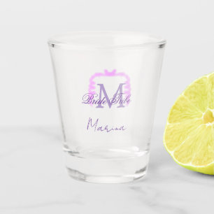 Bride tribe monogram purple ruffle pink border spa shot glass