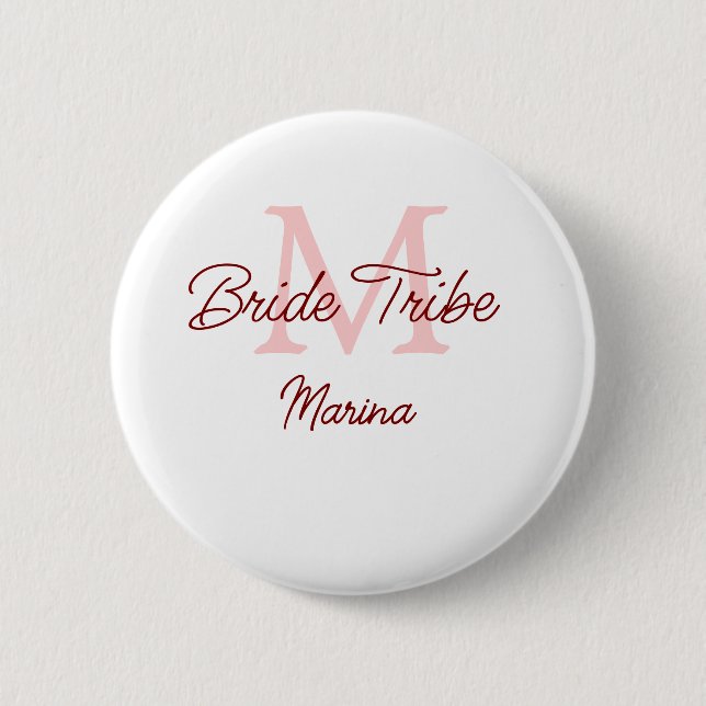 Bride tribe monogram red bridal shower simple mini 6 cm round badge (Front)