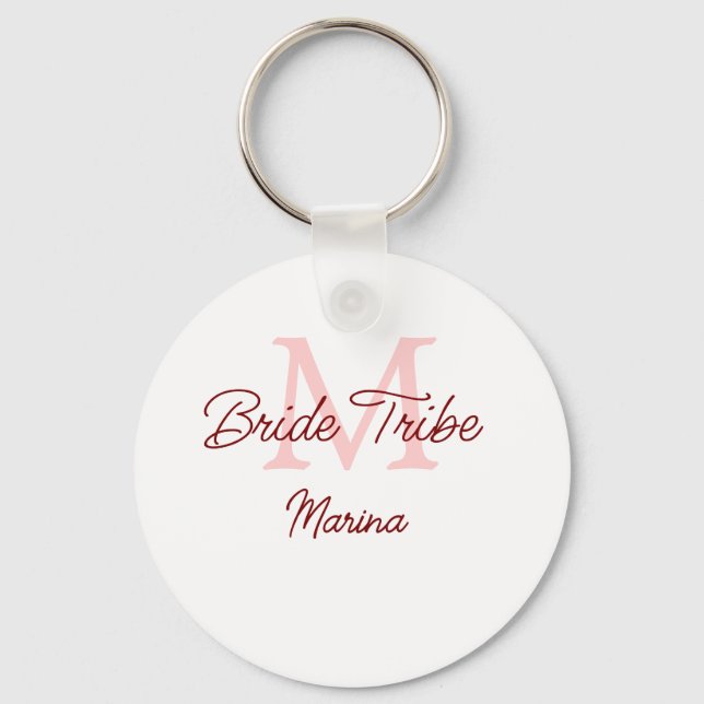 Bride tribe monogram red bridal shower simple mini key ring (Front)