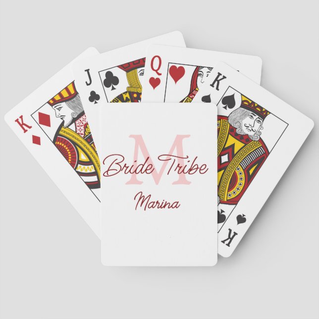 Bride tribe monogram red bridal shower simple mini playing cards (Back)