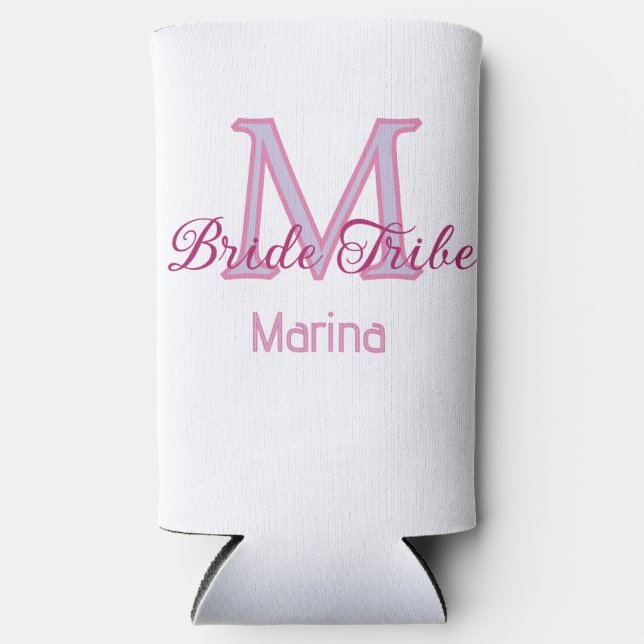 Bride tribe monogram red bridal shower simple mini seltzer can cooler (Front)