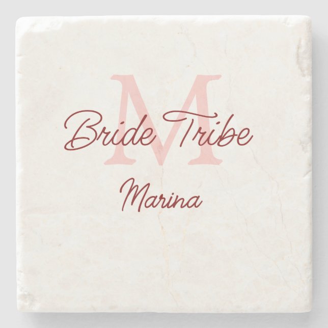 Bride tribe monogram red bridal shower simple mini stone coaster (Front)