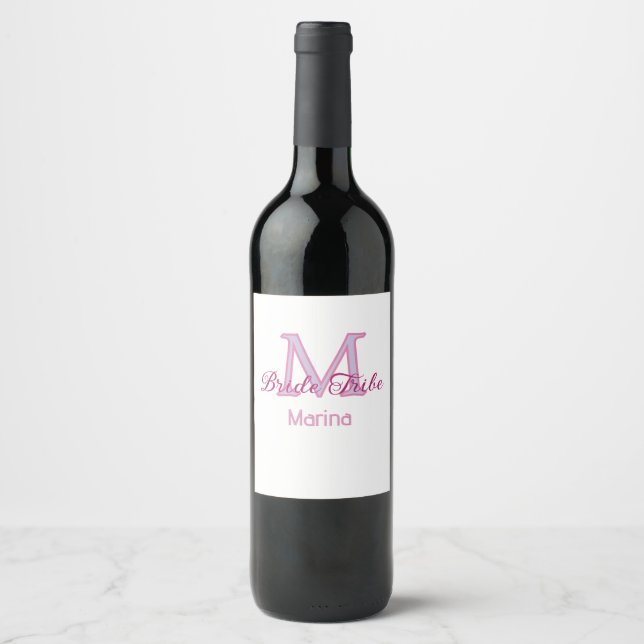 Bride tribe monogram red bridal shower simple mini wine label (Front)