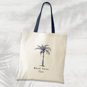 Bride Tribe Navy Blue Tropical Palm Tree Custom Tote Bag