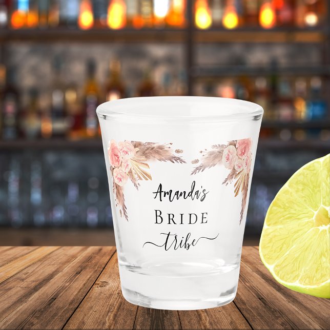Bride tribe pampas grass blush pink flowers shot glass (Creator Uploaded)