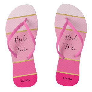 Bride Tribe Personalised Pink & Gold striped Flip Flops