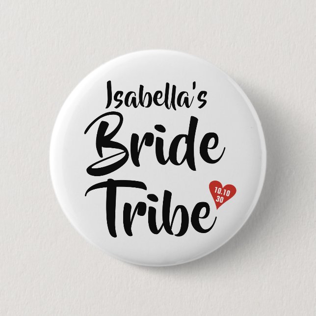 Bride Tribe Red Date Heart Personalised 6 Cm Round Badge (Front)