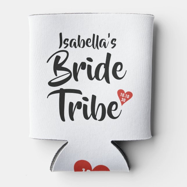 Bride Tribe Red Date Heart Personalised Can Cooler (Front)