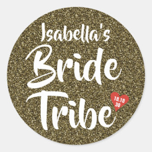 Bride Tribe Red Date Heart Personalised Glitter Classic Round Sticker