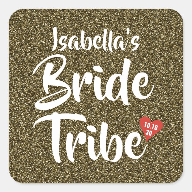 Bride Tribe Red Date Heart Personalised Glitter Square Sticker (Front)