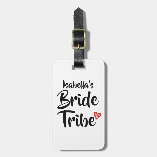 Bride Tribe Red Date Heart Personalised Luggage Tag (Front Vertical)