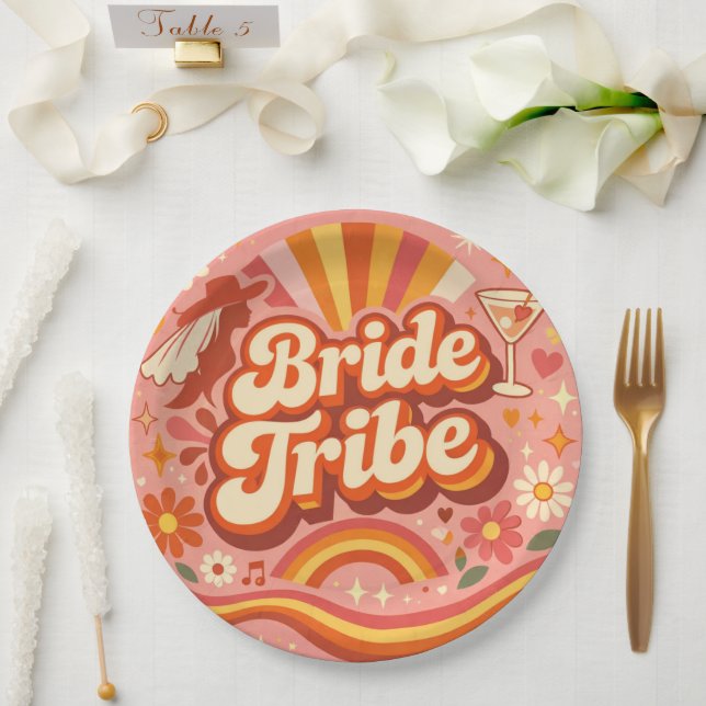 Bride Tribe Retro Bachelorette Party Groovy Paper Plate (Wedding)